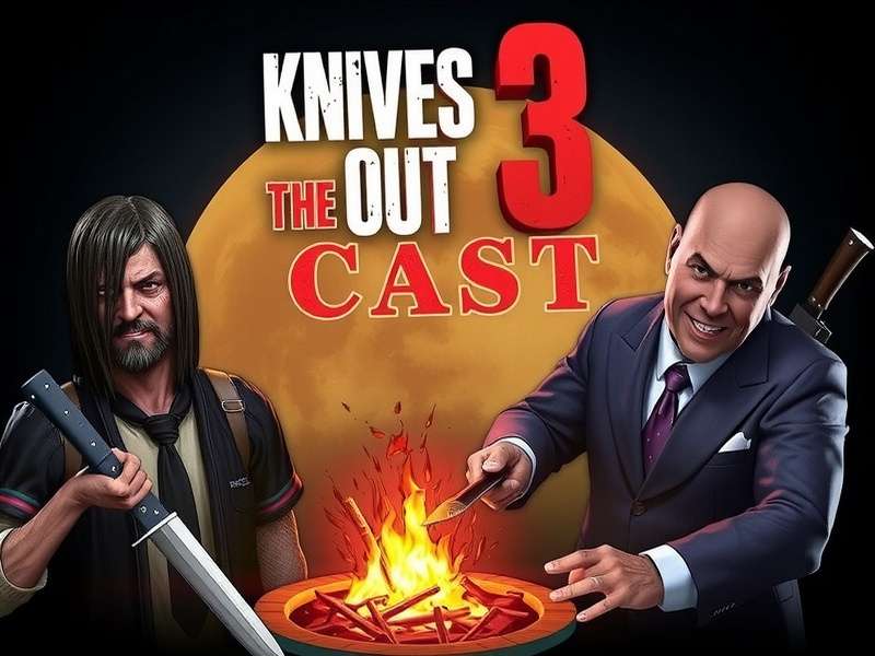 Concept art showing a mysterious ensemble cast around Benoit Blanc