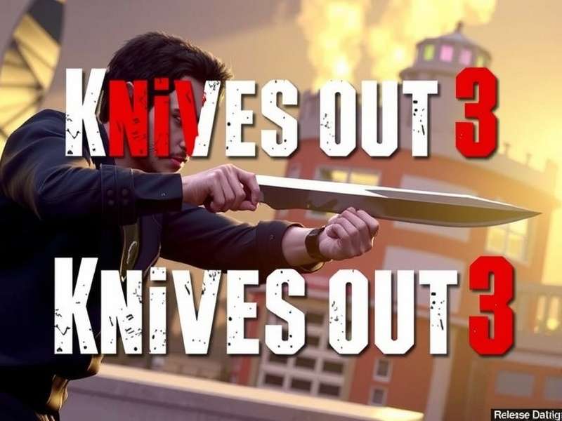 Knives Out 3 UK release date promotional artwork featuring a shadowy mansion and a magnifying glass